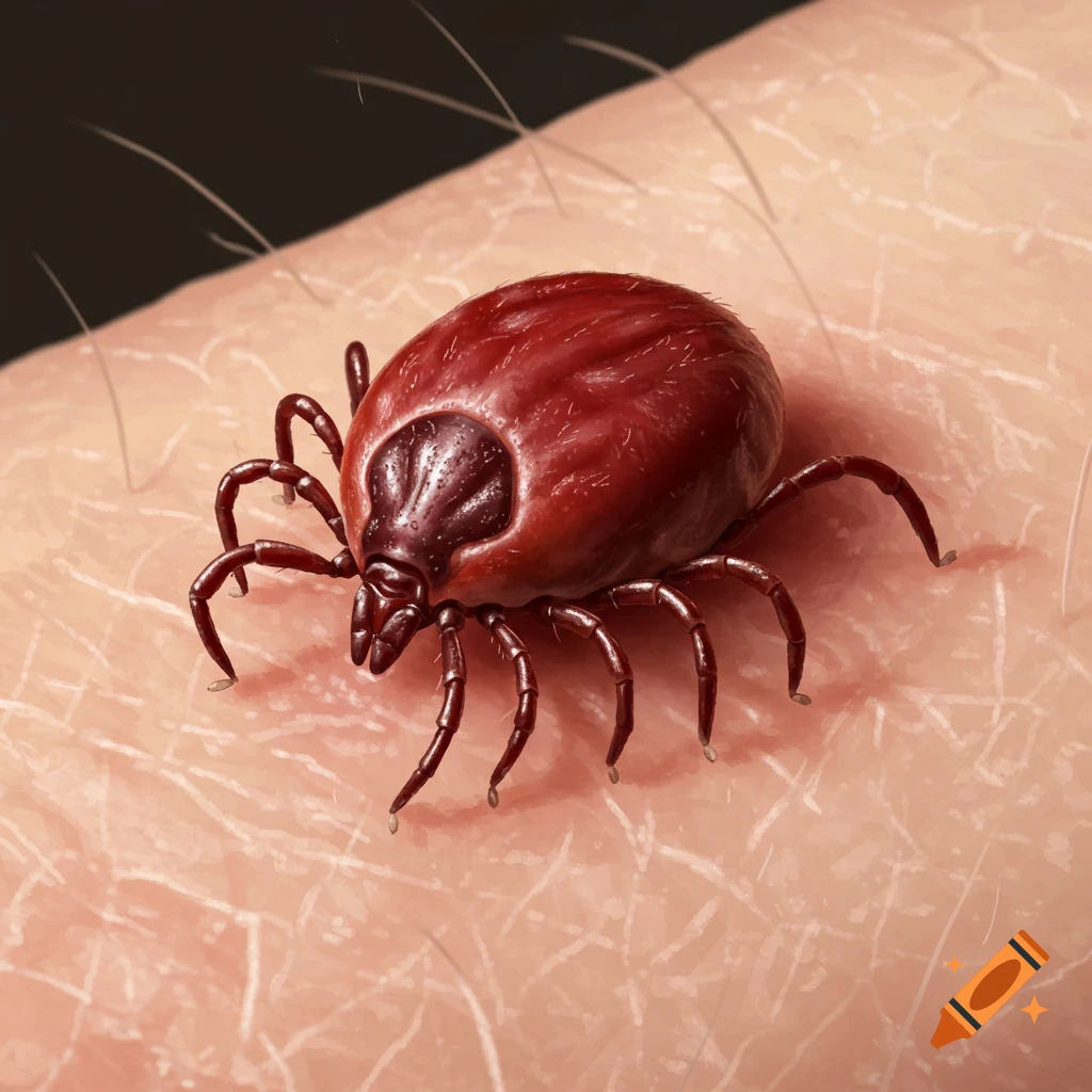 Detailed illustration of a tick embedded in human skin.