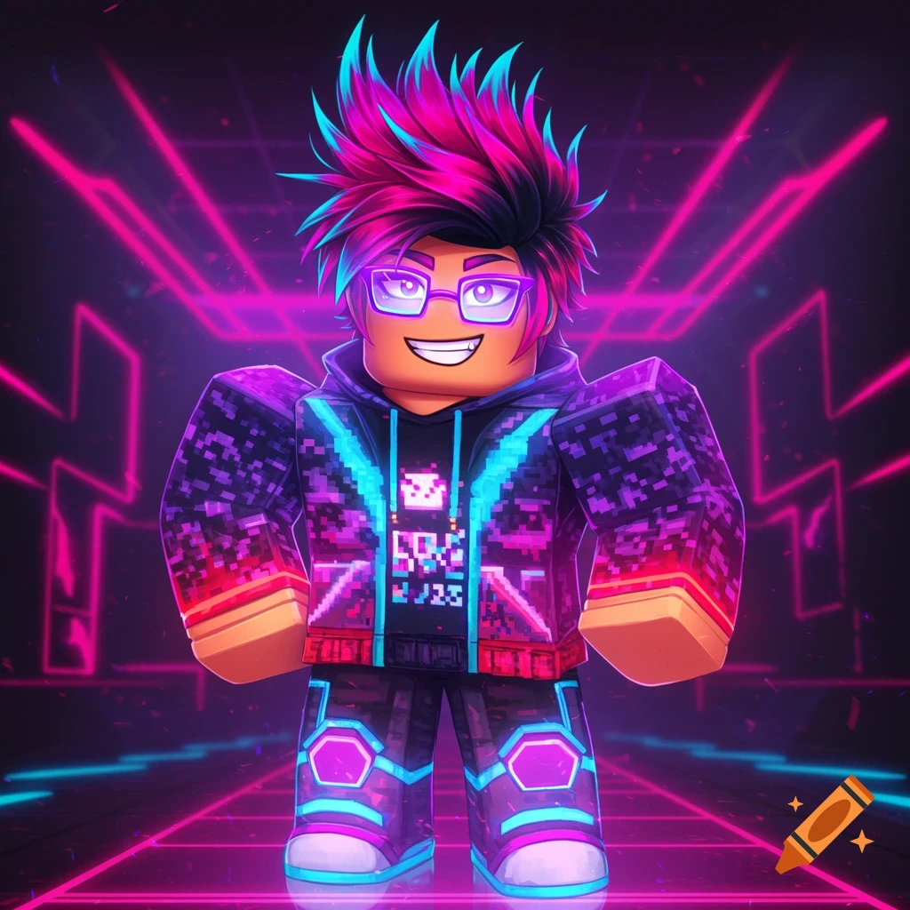 Roblox-style character with pink and blue hair and glasses in a futuristic neon setting.