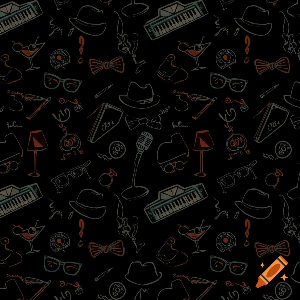 A seamless pattern featuring line drawings of vintage items like martini glasses, hats, bow ties, keyboards, microphones, lamps, and glasses on a black background.