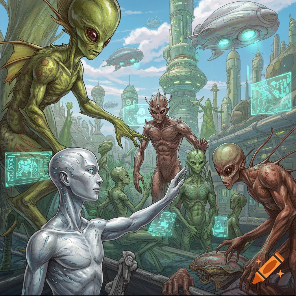 Sci-fi illustration of alien species and a human in a futuristic city
