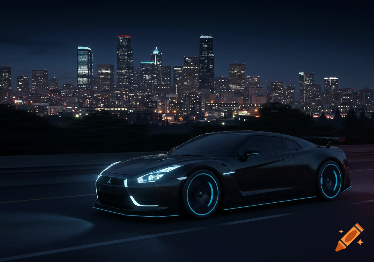Sleek futuristic black sports car driving at night on a freeway with a twinkling city skyline in the background.