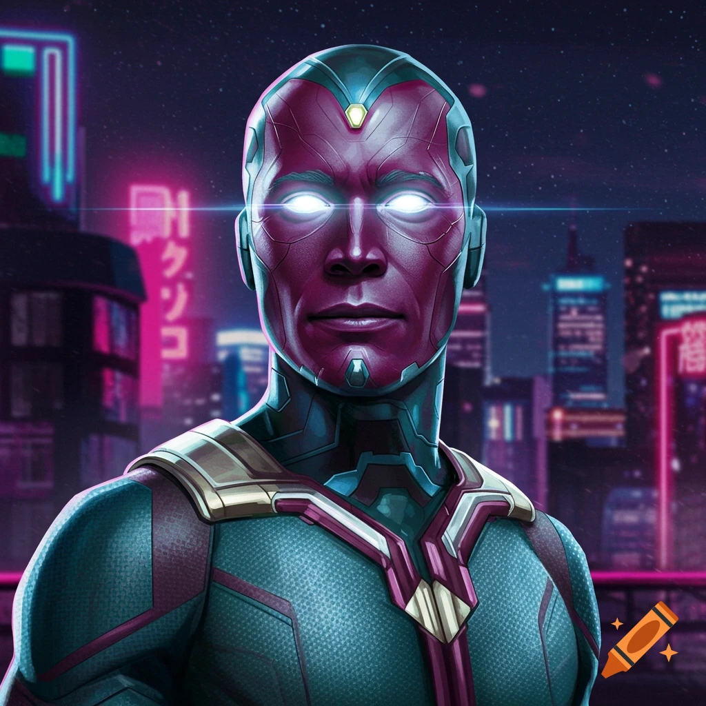 Vision, a purple-faced android in a suit, stands in a neon-lit cyberpunk city.