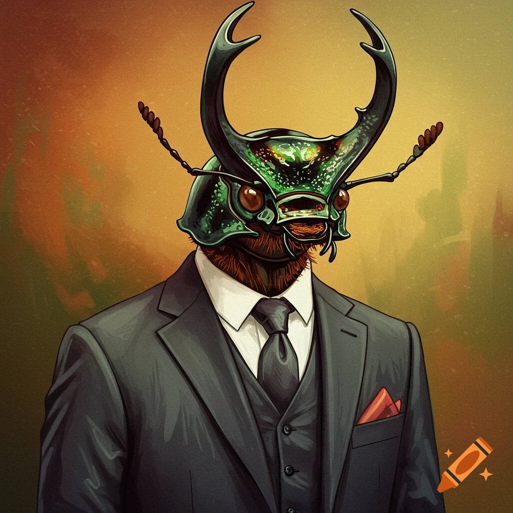 Illustration of an anthropomorphic beetle in a suit and tie