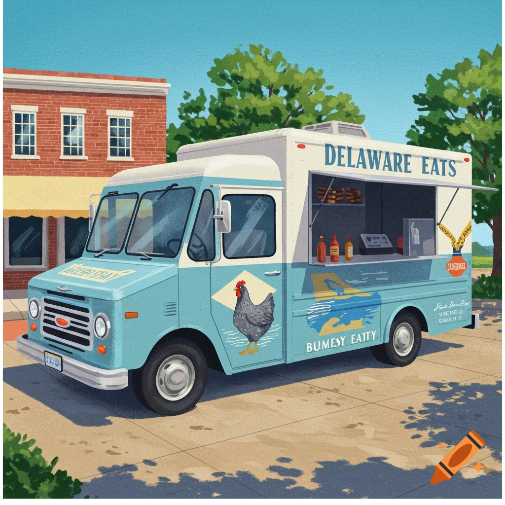 Stylized illustration of a light blue food truck with a chicken logo parked on a street.