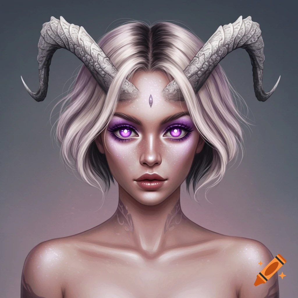 Semi-realistic fantasy portrait of a woman with horns and glowing purple eyes.