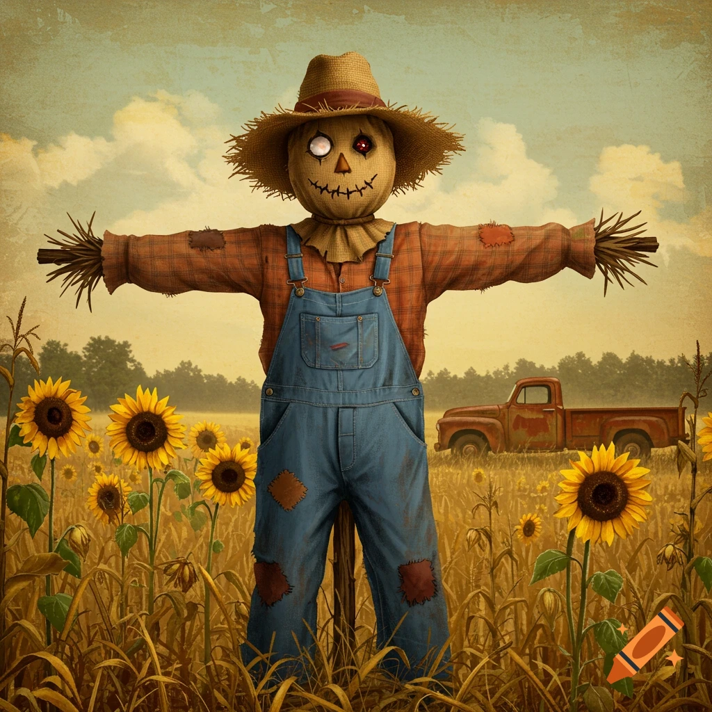 Rustic scarecrow in a field of sunflowers with an old truck in the background.