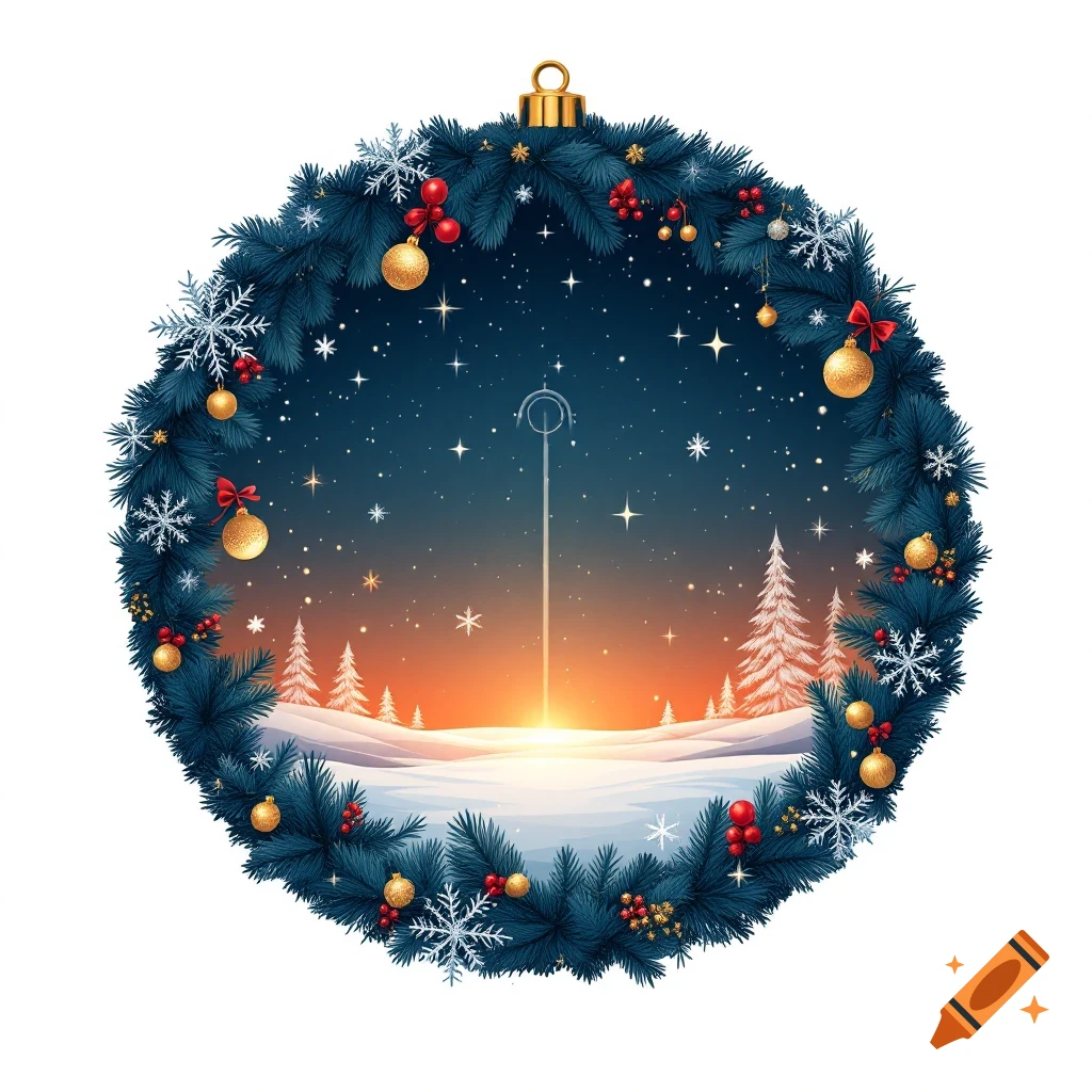 A Christmas wreath frames a snowy winter scene with trees, stars, and a sunrise.