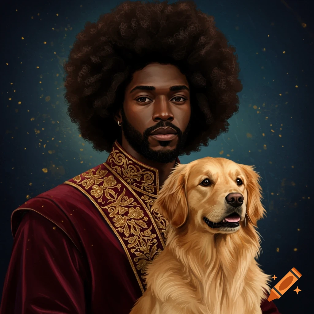 Portrait of a man with an afro and royal outfit holding a golden retriever