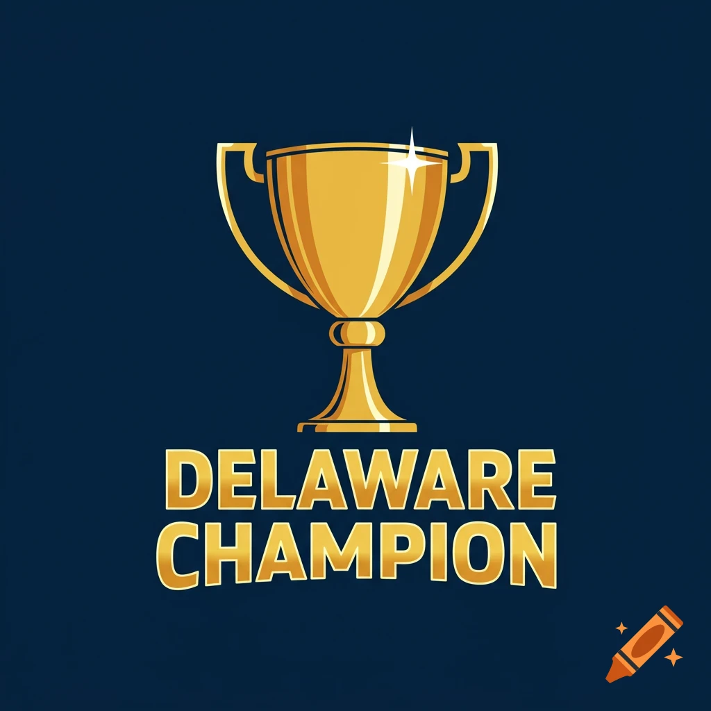 Gold trophy above the words DELAWARE CHAMPION on a dark blue background.