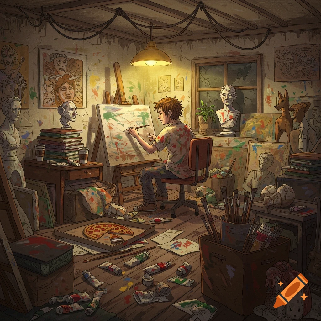 An illustration of an artist painting in a messy studio