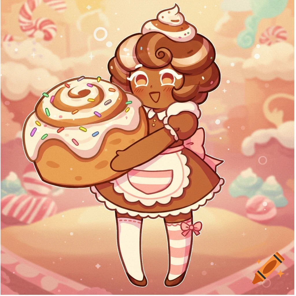 A cute cookie character holding a giant cinnamon roll, in a cartoon style.