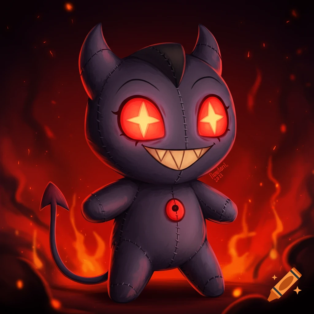Cartoon illustration of a purple devil plush toy with star eyes in a fiery setting.