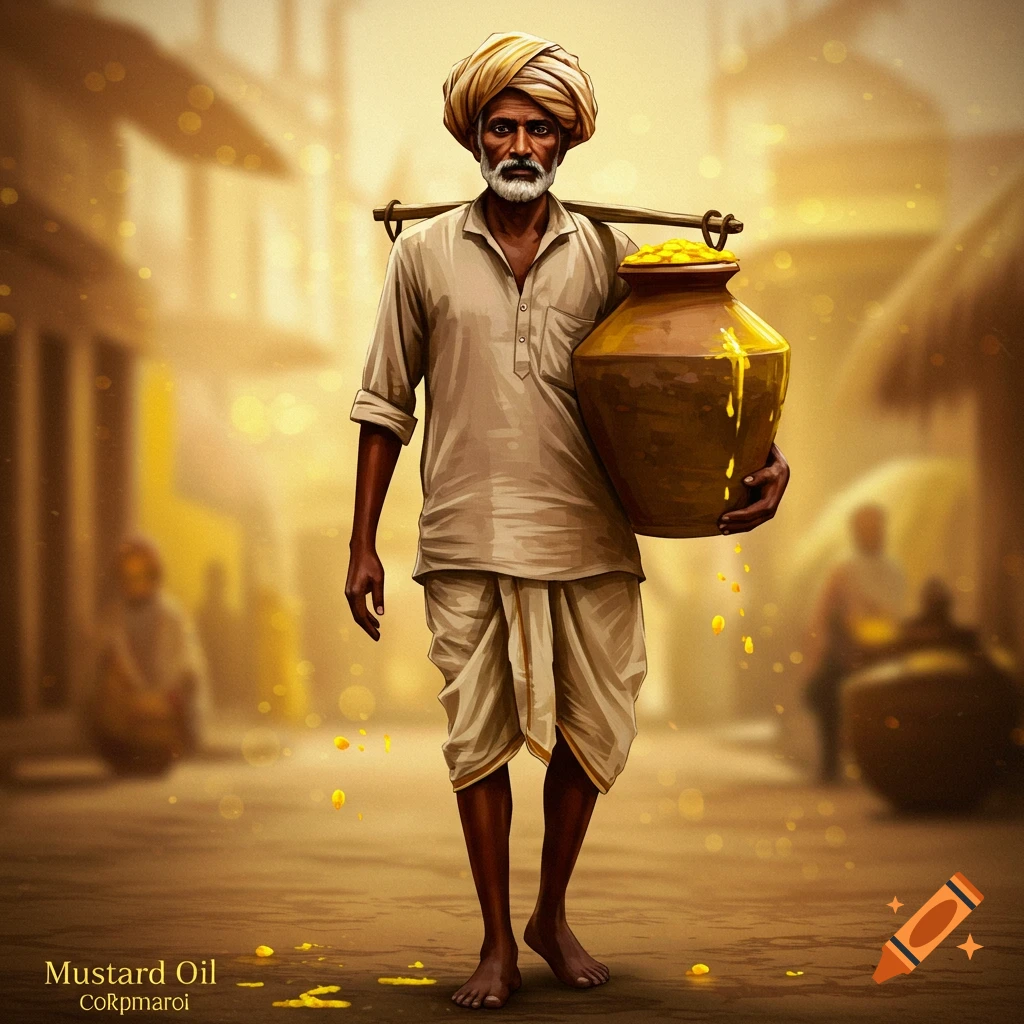 A man in traditional clothing carries a pot of mustard oil on his shoulder, walking down a sunlit street in a painterly style.