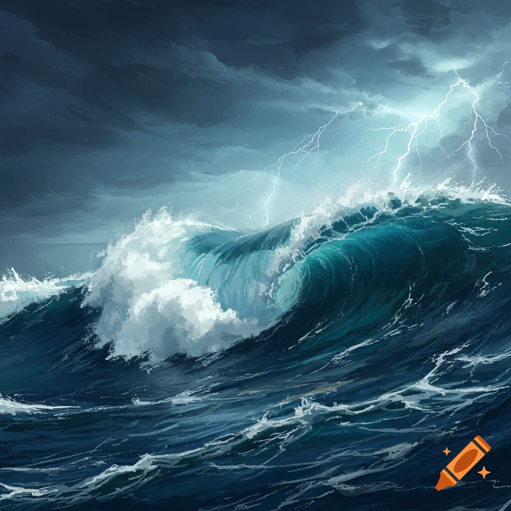 A large turquoise wave crashes during a storm with lightning strikes.