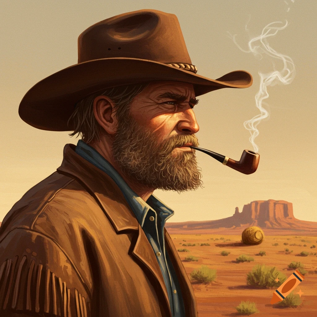 A bearded cowboy in a hat smokes a pipe in the desert landscape.