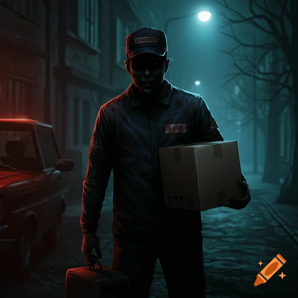A creepy, dark illustration of a zombie-like delivery driver holding a package and suitcase on a nighttime street.