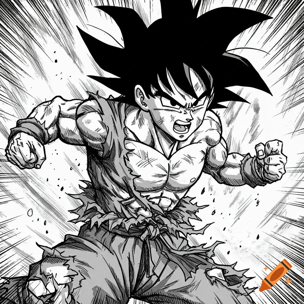 Black and white manga style drawing of Goku powering up