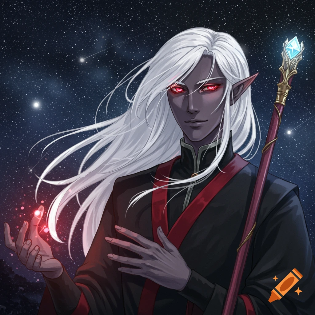A dark-skinned elf sorcerer with long white hair and red eyes holds a glowing red orb and a staff under a starry sky.