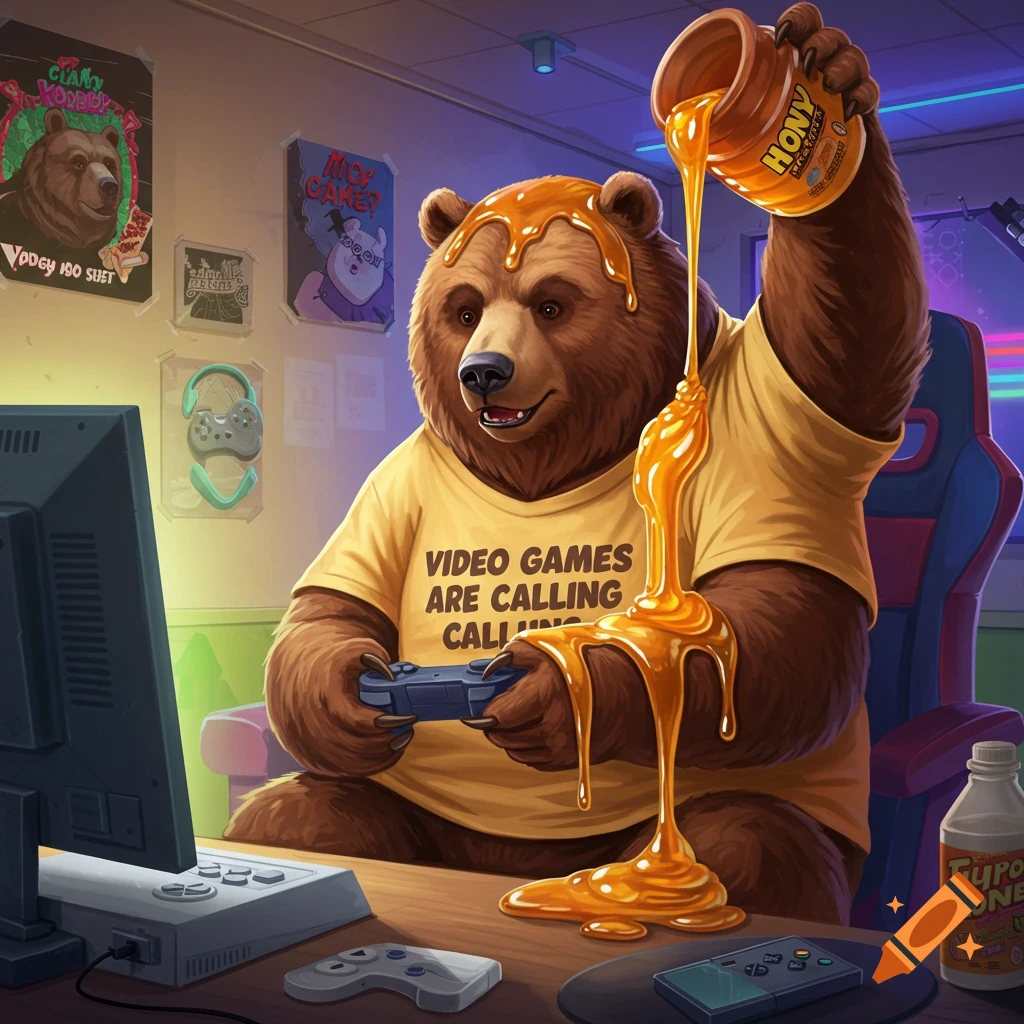 An illustration of a bear playing video games while honey is poured on its head. It wears a shirt reading "Video Games are calling".