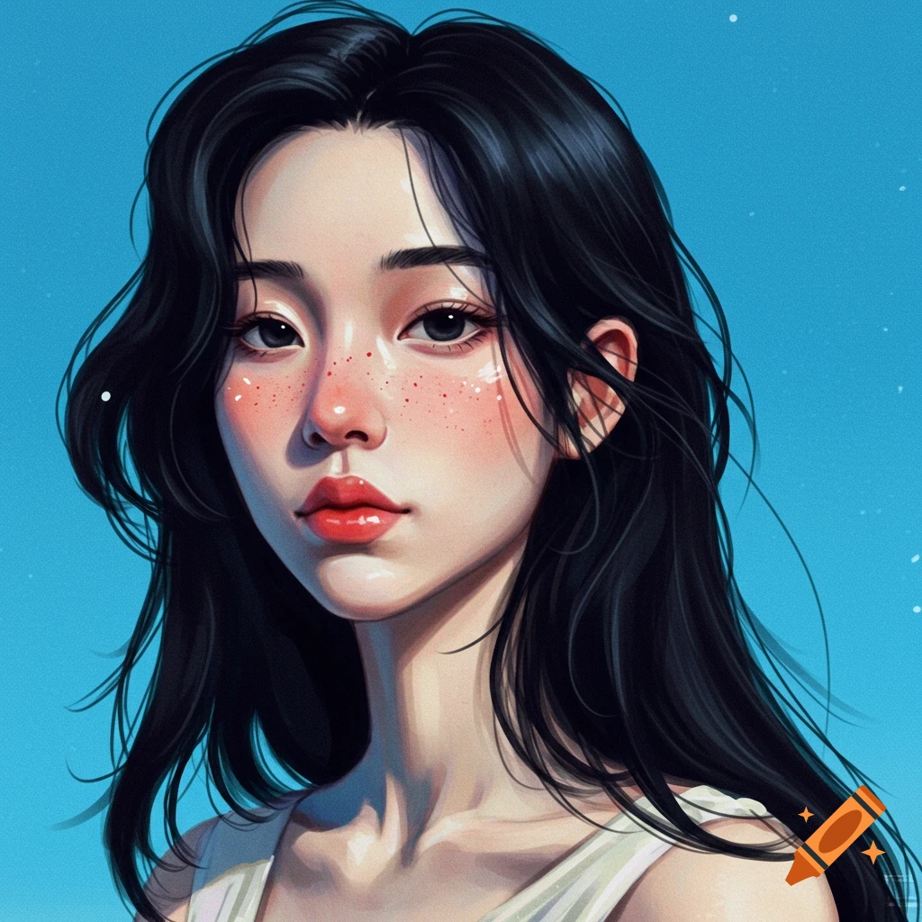 Digital art portrait of a young woman with dark hair and freckles against a blue background.
