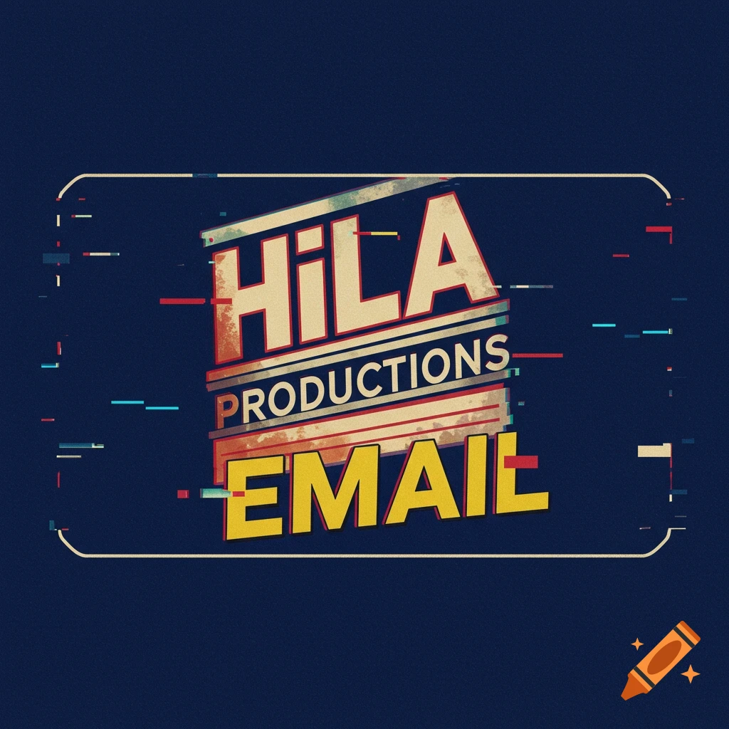 Retro styled logo banner with 'HILA PRODUCTIONS EMAIL' text and glitch effects on a dark blue background.