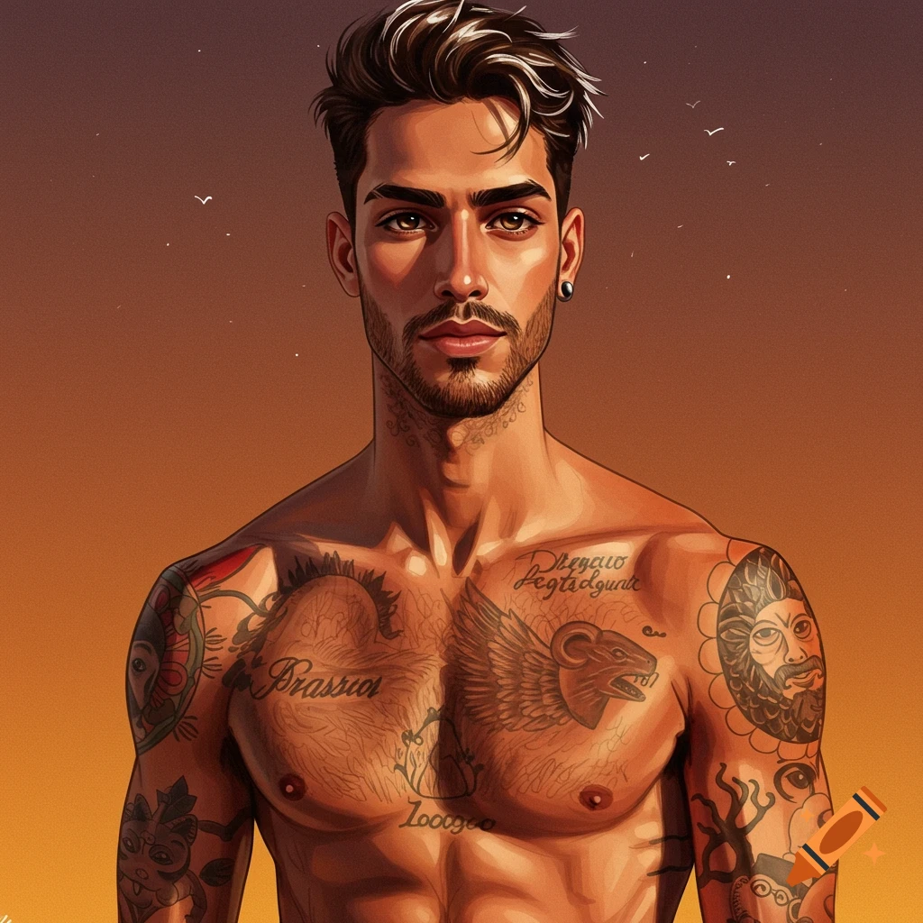 Digital art portrait of a shirtless man with tattoos against a sunset background.