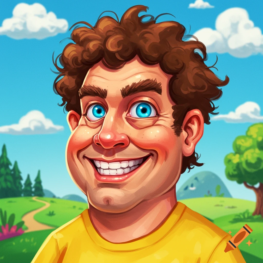 Cartoon portrait of a broadly smiling man with curly brown hair and bright blue eyes, set against a sunny landscape.
