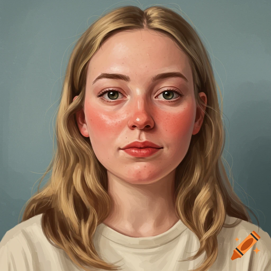 A close-up illustration of a young woman with blond hair and rosy cheeks.