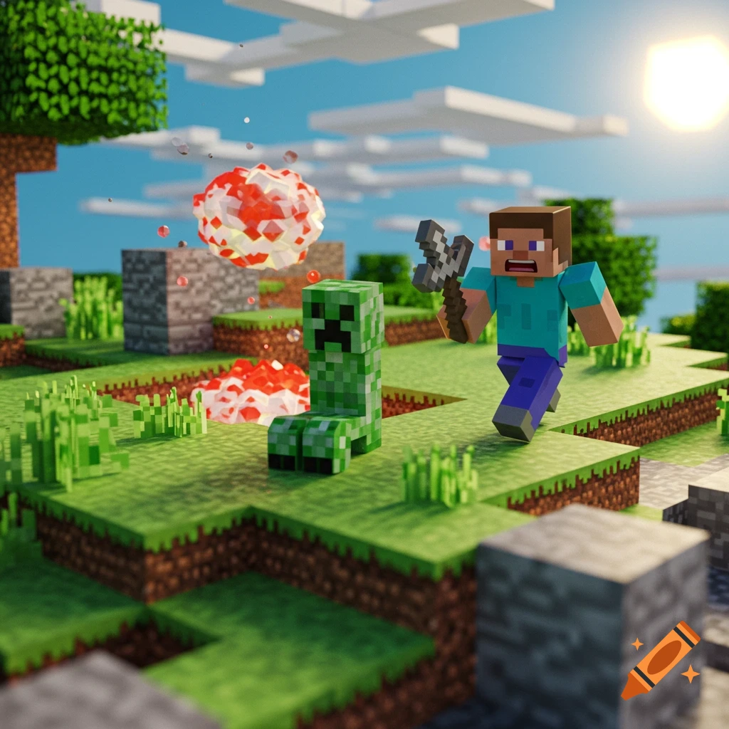 Steve runs from an exploding Creeper in a blocky Minecraft world.