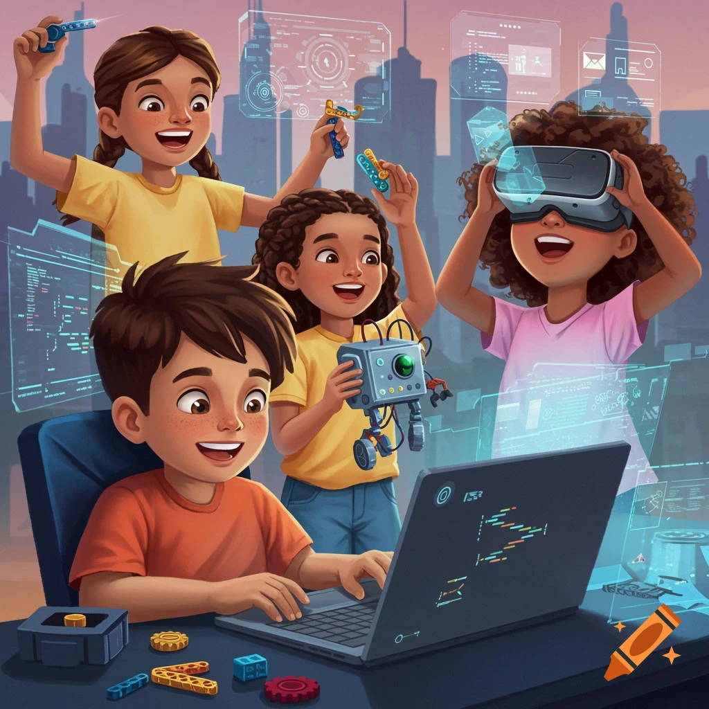 Illustration of diverse children learning technology, using a laptop, VR headset, and robot, with a cityscape background.