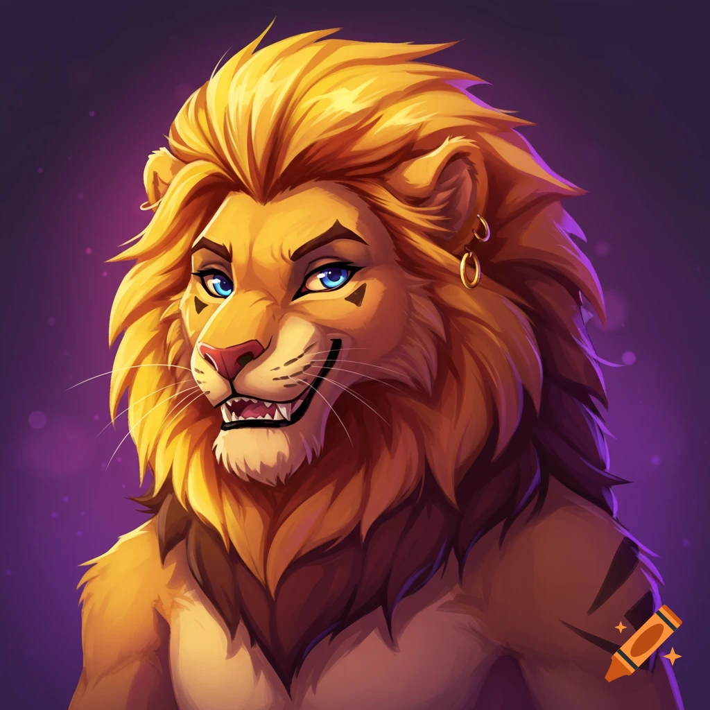 Cartoon portrait of a stylized anthropomorphic lion/wolf hybrid character with a gold mane and blue eyes.