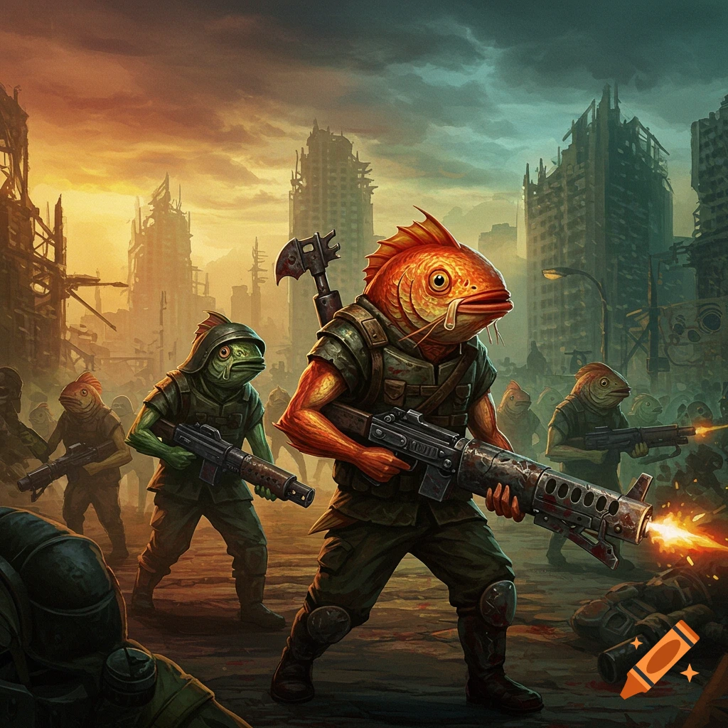 Fish soldiers in military gear hold guns in a ruined city street at sunset.