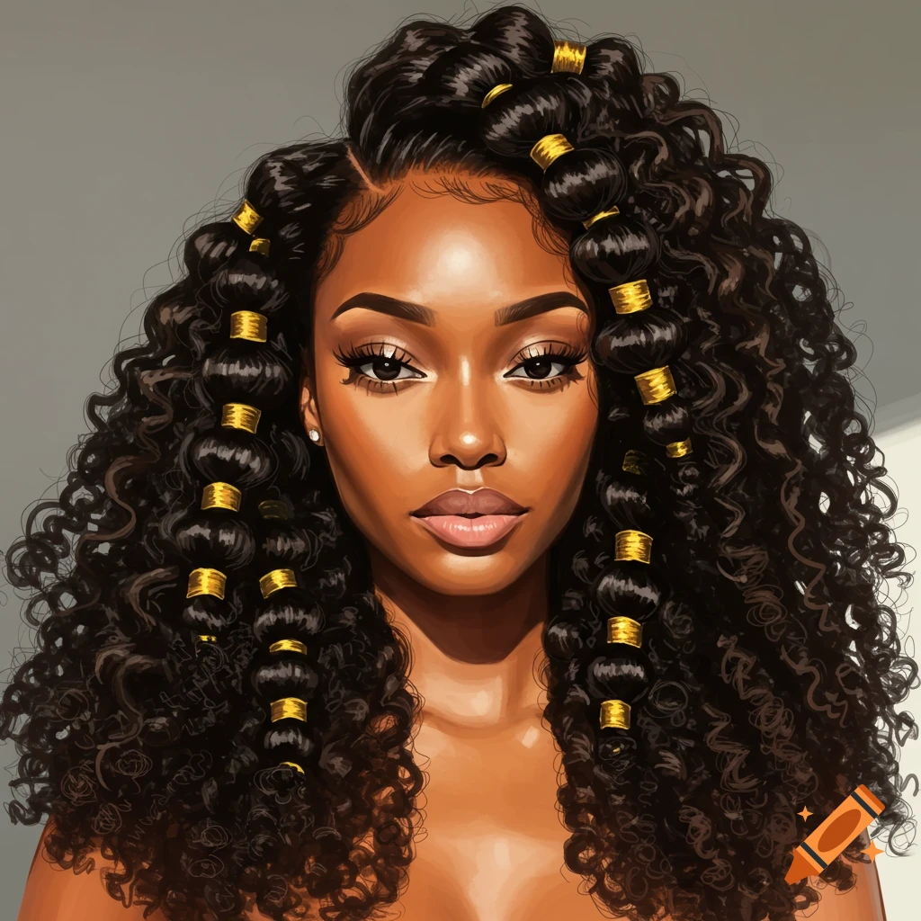 Portrait of a woman with intricate hair bundles and gold beads in an illustrative style.