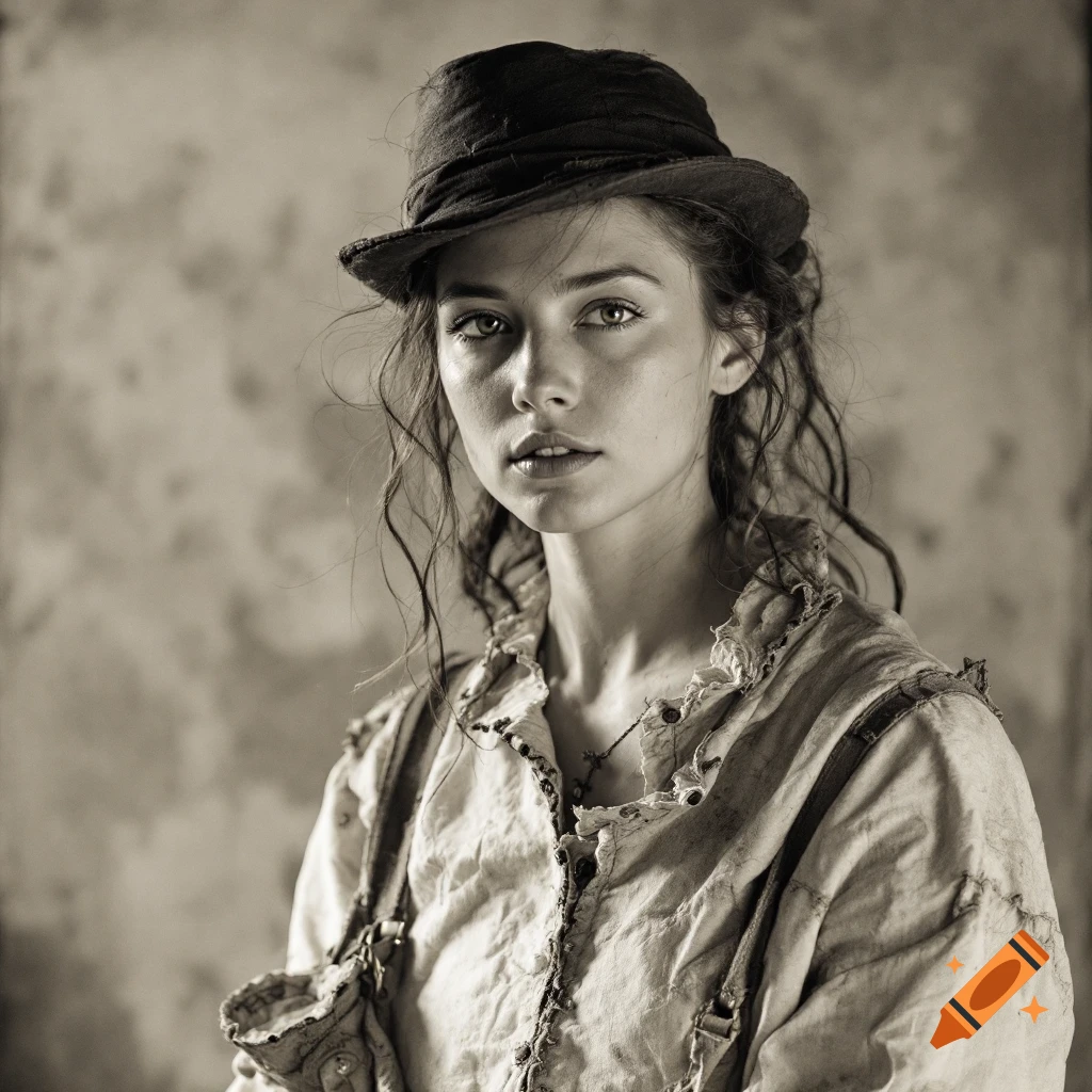 Portrait of a woman in a hat and ragged historical clothing.
