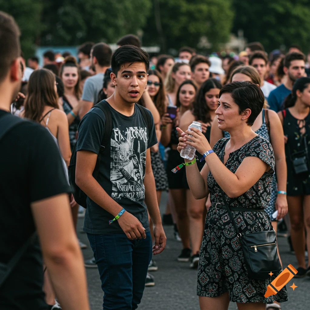 A young man with a backpack and a woman holding a water bottle talk in a crowded outdoor setting.