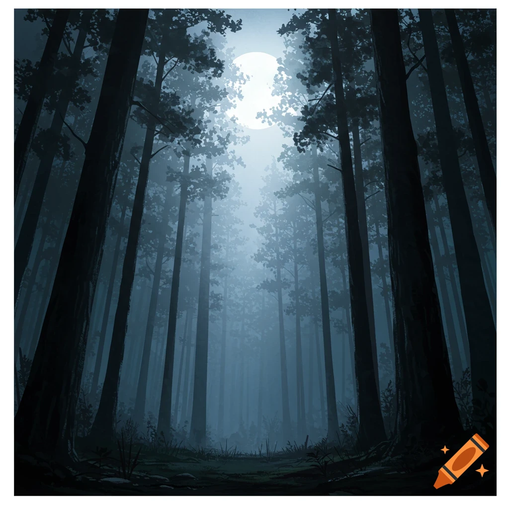 A dark, atmospheric illustration of a forest at night, illuminated by a bright full moon visible through the tall trees.