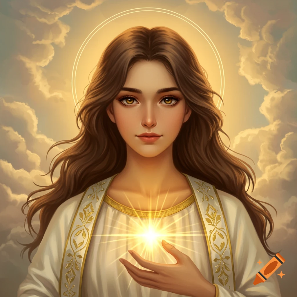A spiritual woman with long brown hair, a halo, and holding a glowing light, against a cloudy sky.
