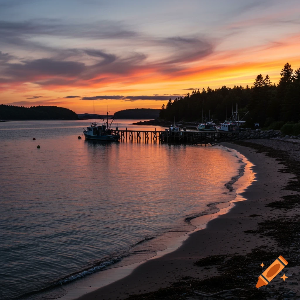 A vibrant sunset over a bay with a pier, fishing boats docked, a sandy beach, and a forest shoreline.