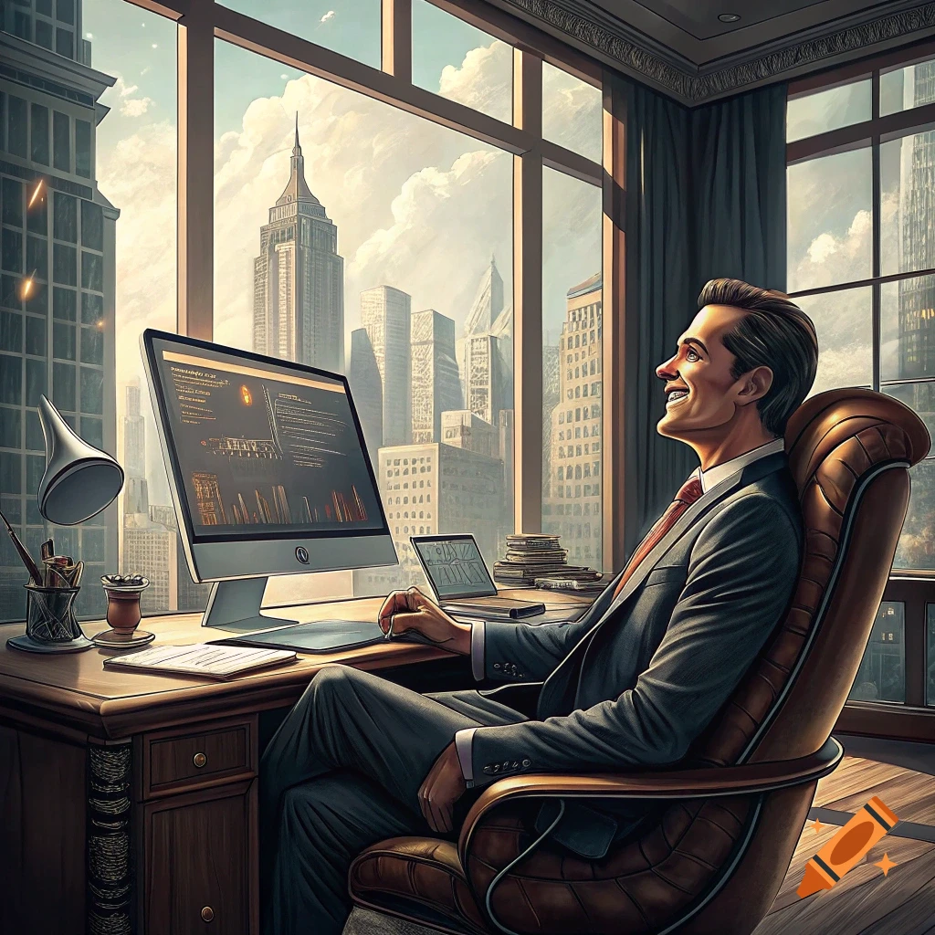 Businessman smiling at his desk in a high-rise office overlooking a city skyline.