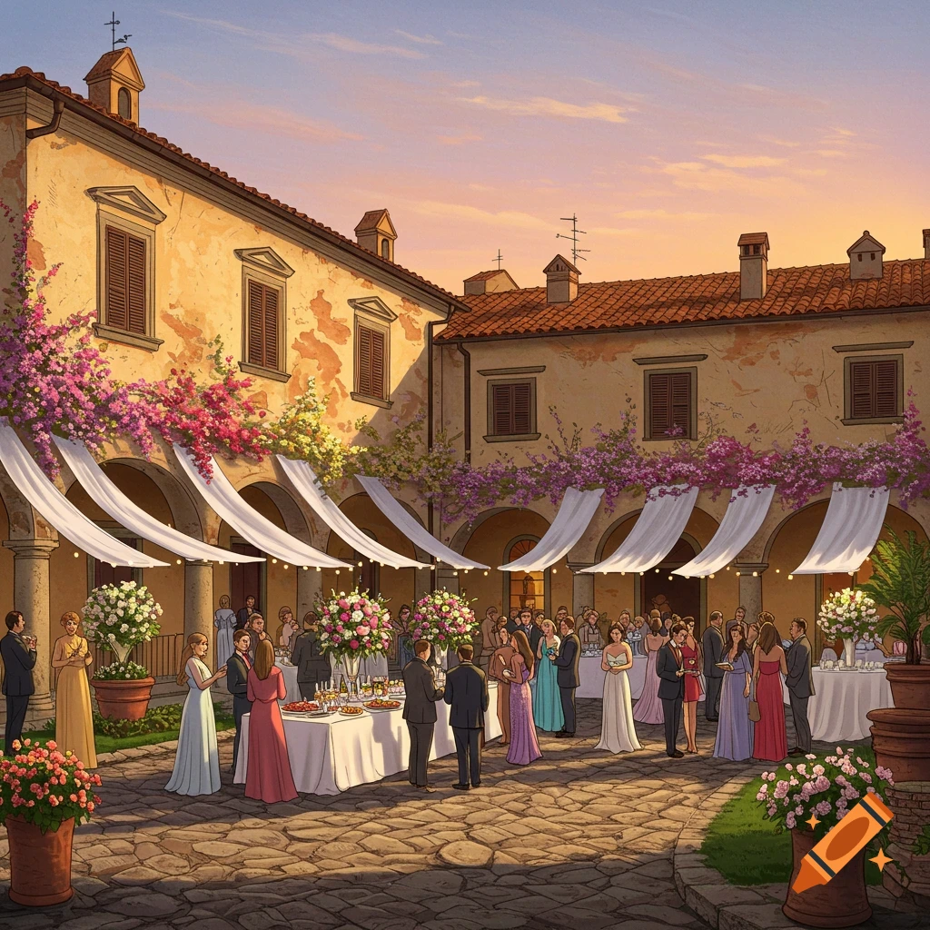 Wedding reception with many guests in a decorated Italian courtyard.