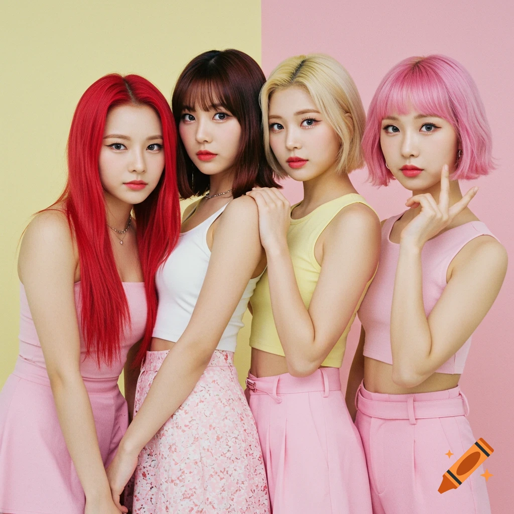Four women with red, brown, blonde, and pink hair pose in crop tops and skirts against a yellow and pink background.