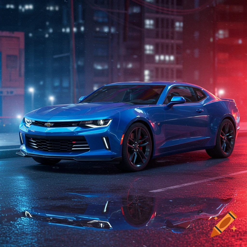 A photorealistic image of a blue sports car on a wet city street at night with red and blue lights.