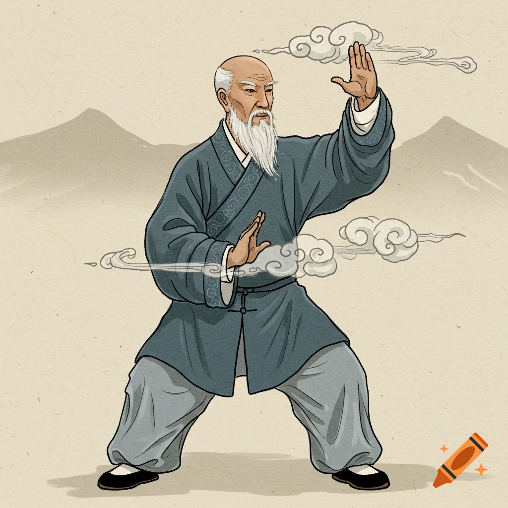 An old man performing tai chi 'hands like clouds' movement in a traditional Chinese illustration style.