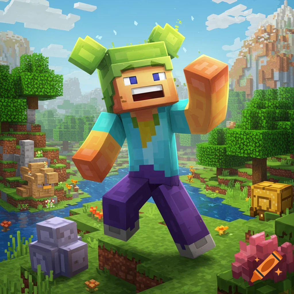 A blocky Minecraft character jumps in a blocky forest landscape with mountains and a river.