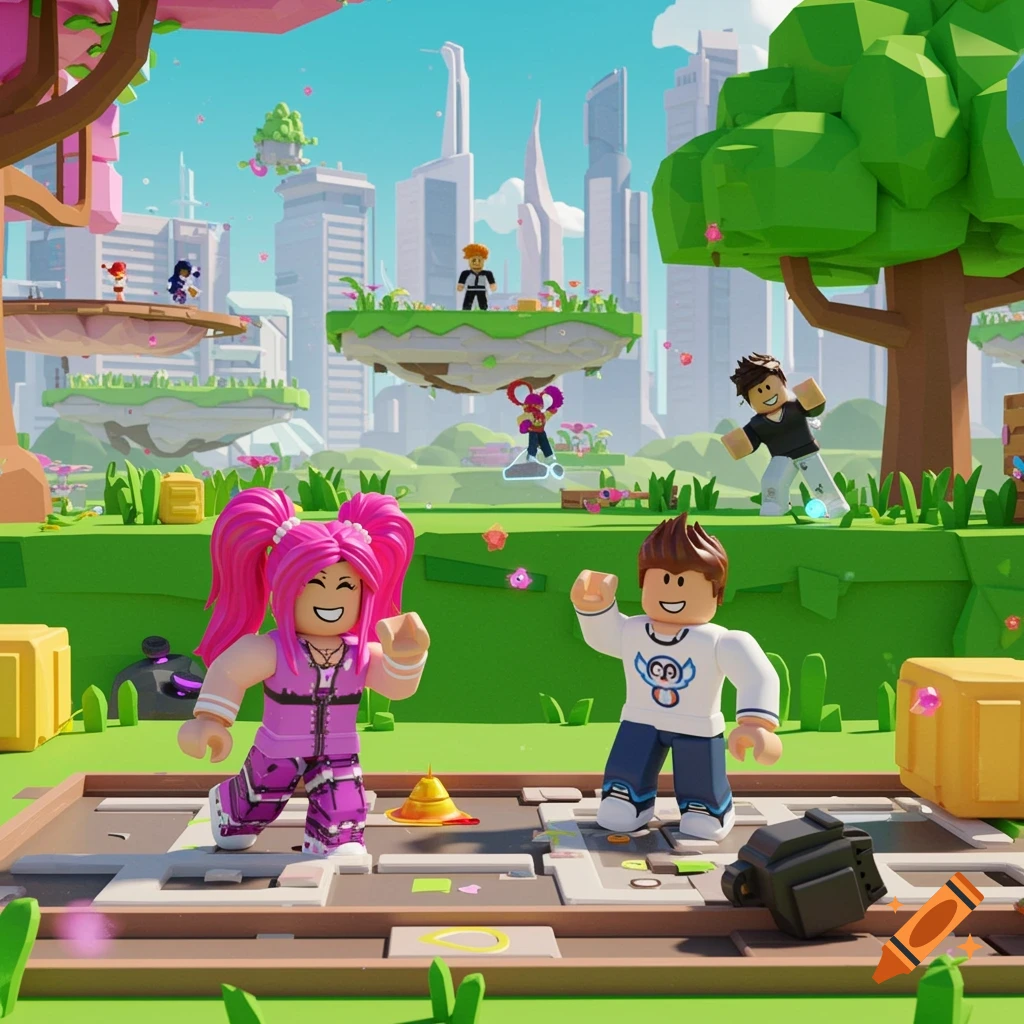 Roblox-style characters in a vibrant game world.