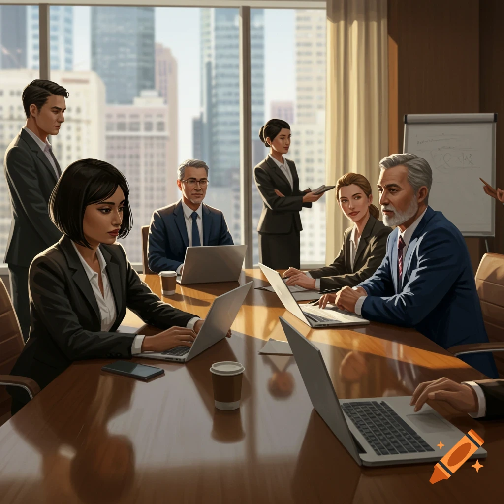 People in suits sit at a conference table with laptops in an office overlooking a city.