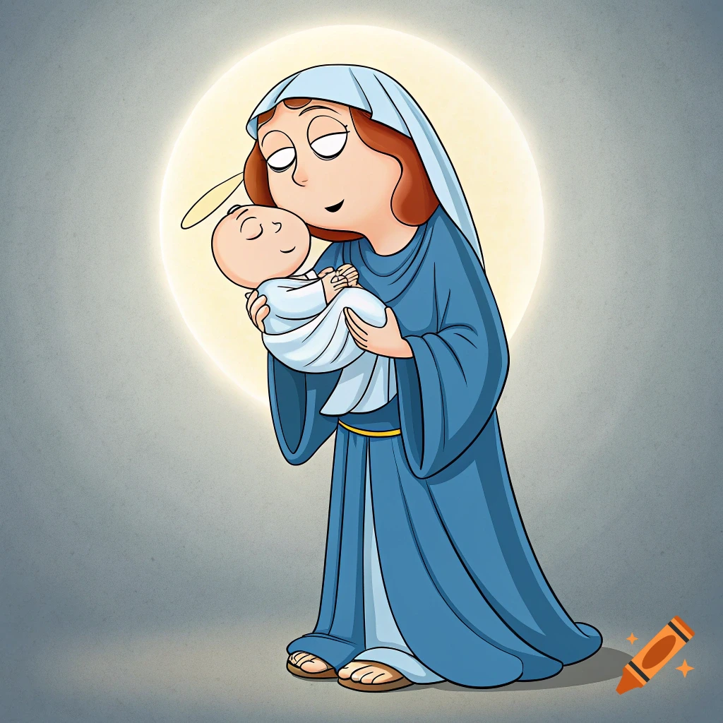 Cartoon depiction of the Virgin Mary holding baby Jesus, styled like Family  Guy characters on Craiyon, image size:1024x1024