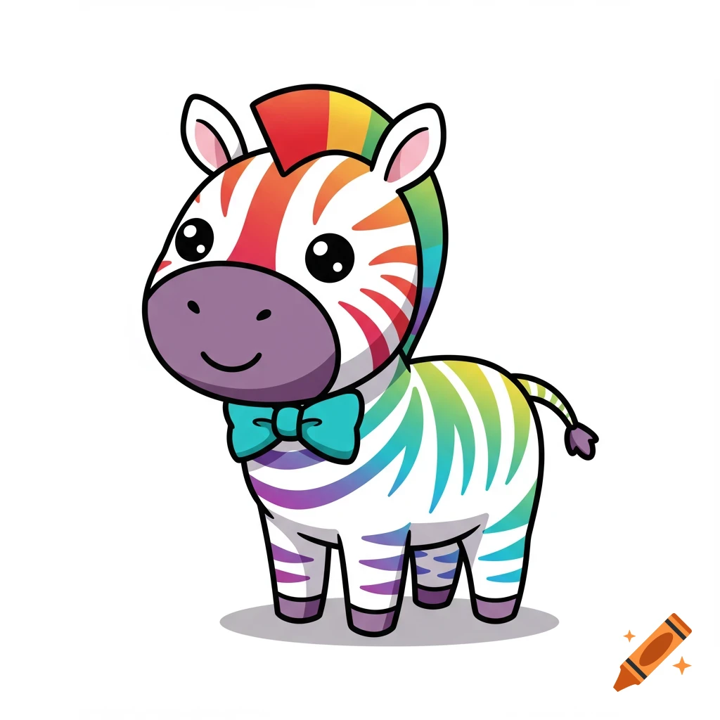 A cute cartoon zebra stands, smiling with rainbow gradient stripes and a bright teal bowtie.