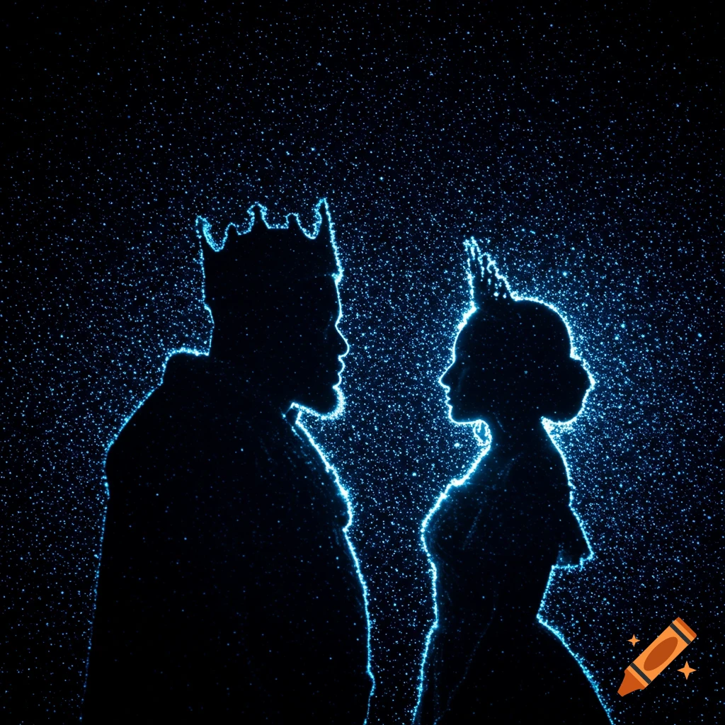 Blue glitter silhouettes of a king and queen facing each other