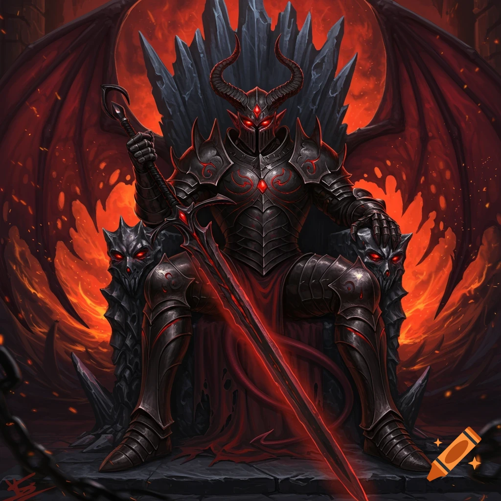 A dark fantasy illustration of a demonic knight with horns, red eyes, black armor, and wings sitting on a sharp, dark throne, holding a glowing red sword.